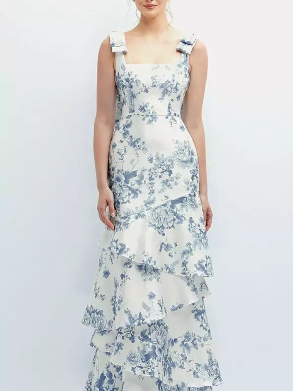 Dessy Collection Floral Bow-Shoulder Satin Dress 3126FP Cottage Rose Size 14
